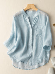 Plain 3/4 Sleeve V Neck Loosen Ramie Shirt