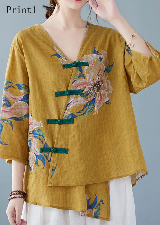 Yellow-Print5 Button Shirt Tops Asymmetrical Half Sleeve