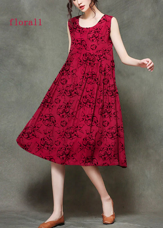 Casual Wine Red-floral1 O-Neck Wrinkled Long Dresses Sleeveless