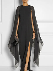 Elegant Thigh Split Hem Cloak Sleeve Maxi Dress