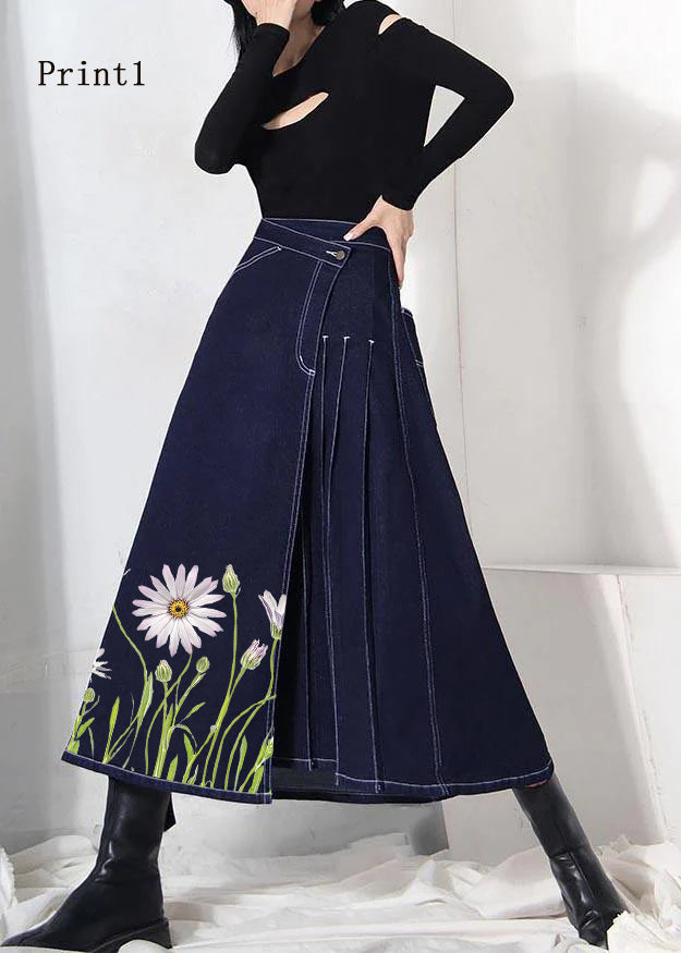 Boho denim blue-print1 zippered asymmetrical design Summer Skirt