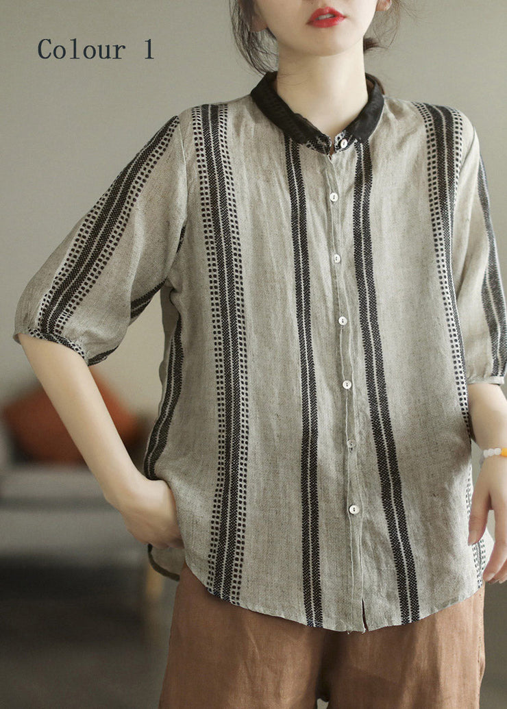 Fashion Colour 1 Peter Pan Collar Print Button Linen Shirt Half Sleeve