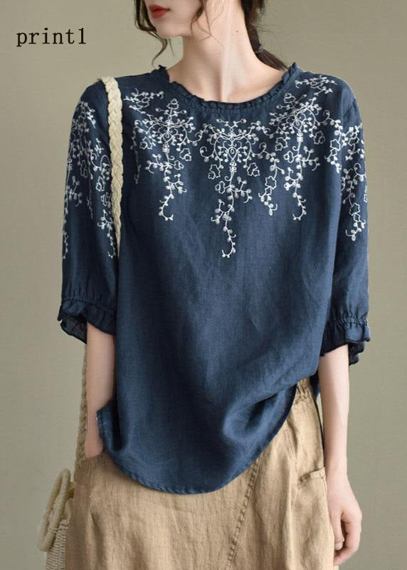 Handmade Navy-print6  lantern Sleeve O-Neck Embroideried Summer Ramie Blouses