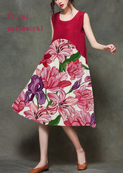 Casual Wine Red-floral2 O-Neck Wrinkled Long Dresses Sleeveless