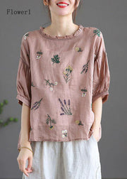 Modern Pink-Flower2 Regular Embroideried Summer Floral Half Sleeve