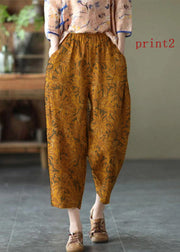 Natural Brown-Leaves Elastic Waist Summer Linen Harem Pants