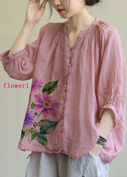 Italian Pink-red flower V Neck Button Loose Fall Half Sleeve Blouse Top