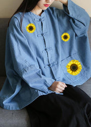 Loose stand collar Chinese Button clothes For Women Sleeve denim light blue-sunflower shirts