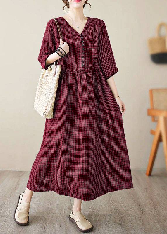 Chic V Neck Plaid Patchwork Button Linen Maxi Dresses Summer