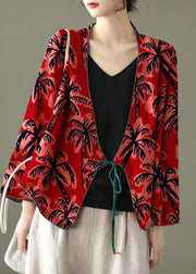 Women Red-fan pattern Embroideried Long sleeve Linen Shirt