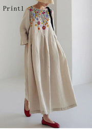 Apricot-Print3 Cotton Dresses Pockets Patchwork Spring