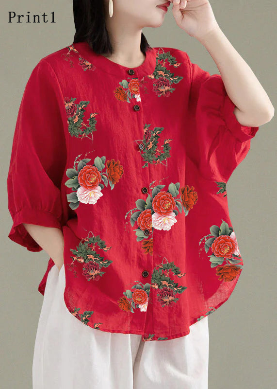 Art White floral patchwork O-Neck Button Linen Loose Shirt Top Lantern Sleeve