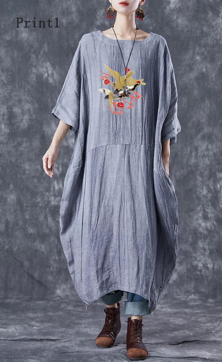 French Grey Oversized Patchwork Linen Dresses Batwing Sleeve