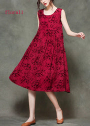 Casual Wine Red-floral2 O-Neck Wrinkled Long Dresses Sleeveless