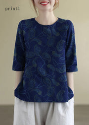 French Print1 O-Neck Embroideried Cotton Blouses Half Sleeve