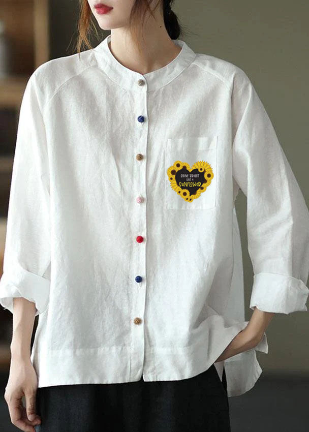 Modern White-yellow flower Loose Patchwork Pockets Fall Long Sleeve Blouse Top