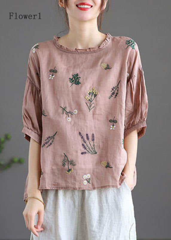 Modern Pink-Flower3 Regular Embroideried Summer Floral Half Sleeve