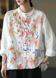 Modern White-floral3 Loose Patchwork Pockets Fall Long Sleeve Blouse Top