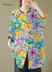 Print4 Linen Shirt Dresses O-Neck Oversized Lantern Sleeve