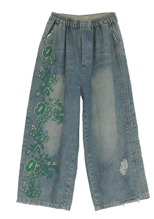 Original Embroidered Wide-Leg Column Denim Pants