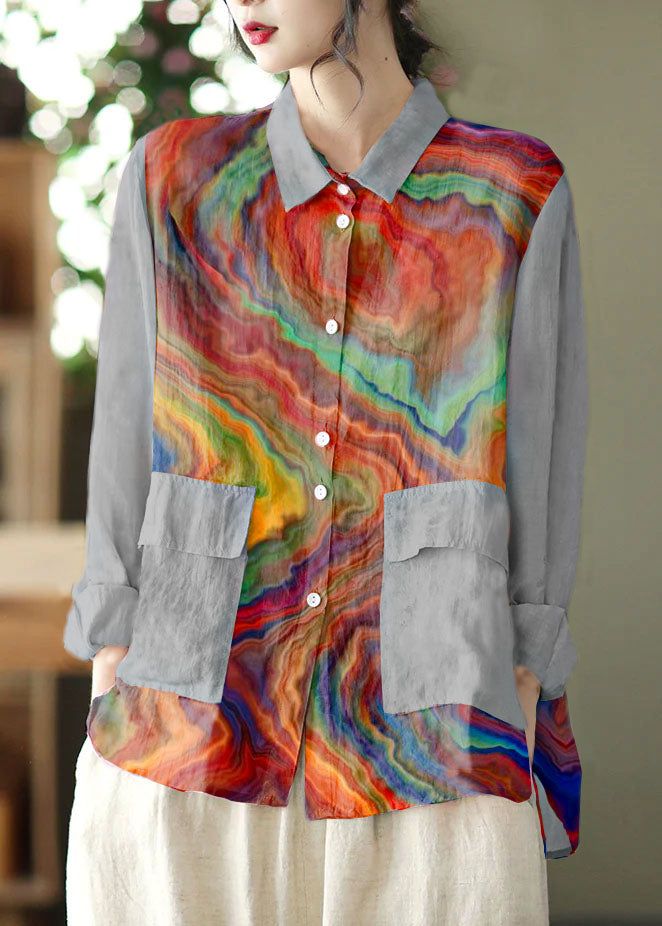 Cute Color Geometry Peter Pan Collar Patchwork Solid Button Low High Design Linen Shirt Long Sleeve