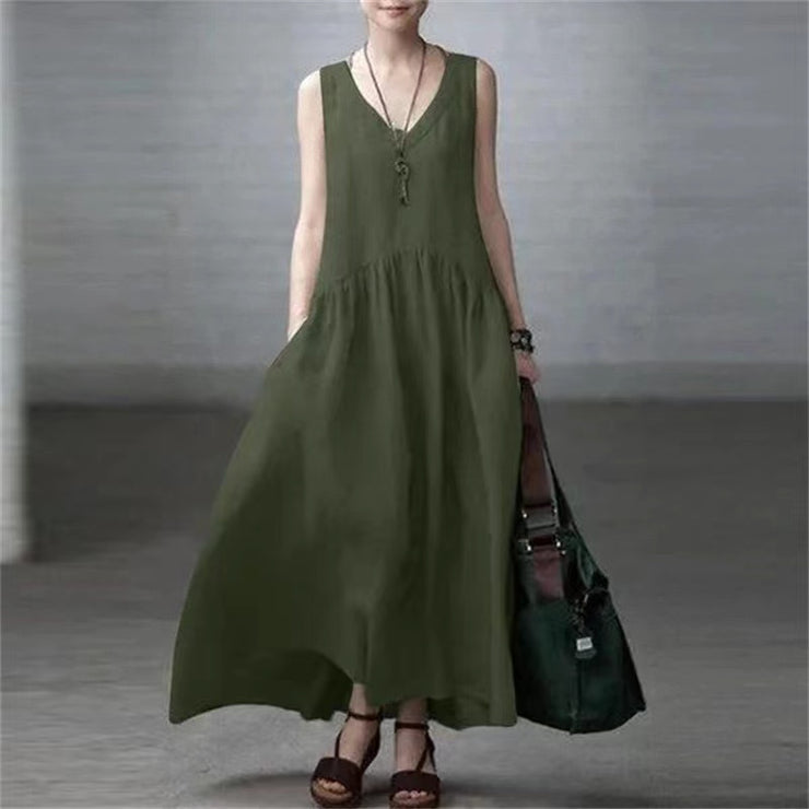 Dark green Simple and Loose V-neck Cotton and Linen Dress