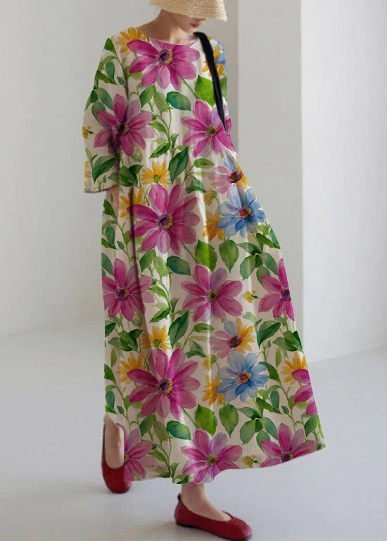 Flower print3 Cotton Dresses Pockets Patchwork Spring