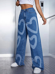 Urban Heart Shape Printed Wide Leg Denim Pants