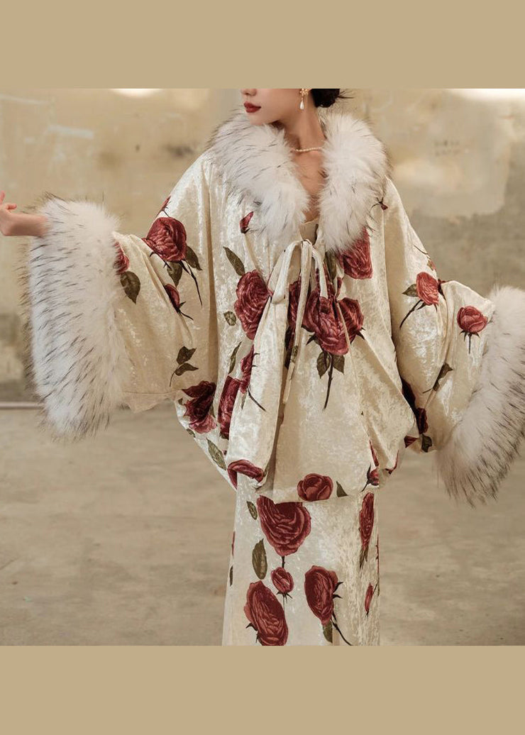 2024 Autumn New Sexy Rose Print Fur collar Silk Dress Two Piece Set