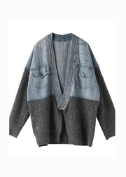 2023 Autumn Winter New Loose Fit Denim Spliced Knitted Cardigan Coat