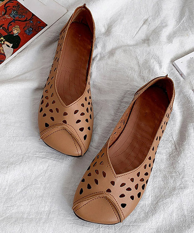 2023 Brown Cowhide Flat Feet Shoes Hollow Out Flat Shoes