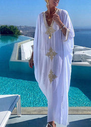 2023 Elegant Gold Embroidered Kaftan Retro V Neck White Dress