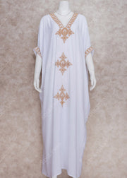 2023 Elegant Gold Embroidered Kaftan Retro V Neck White Dress