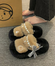 2024 New Khaki Nail Bead Bow Platform Teddy Slide Sandals