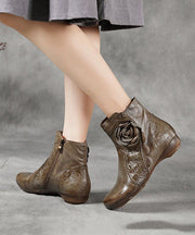 2023 Zippered Splicing Floral Wedge Boots Camel Cowhide Leather