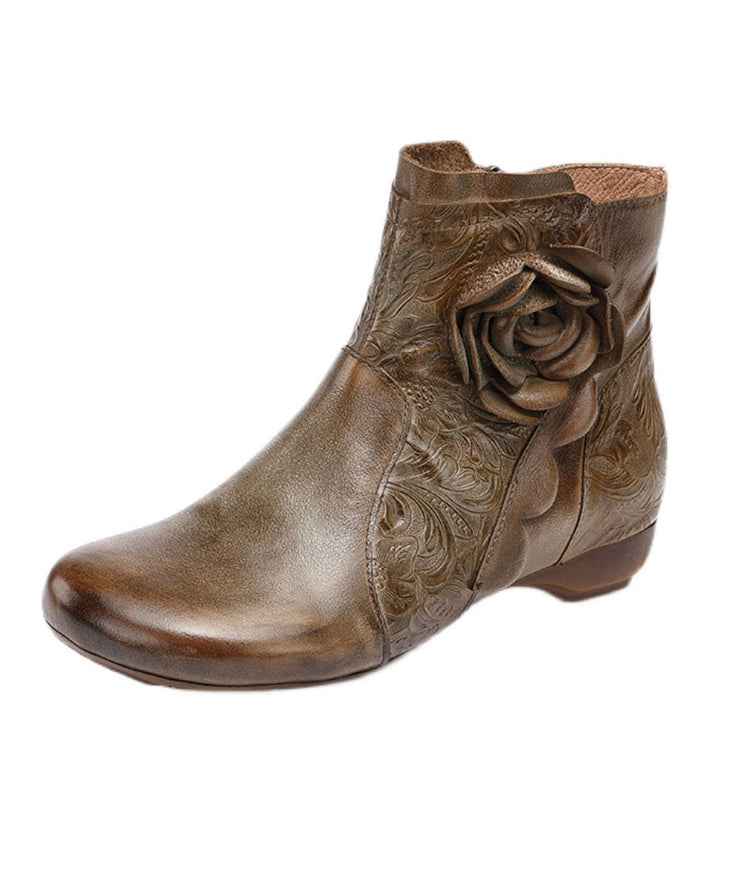 2023 Zippered Splicing Floral Wedge Boots Camel Cowhide Leather