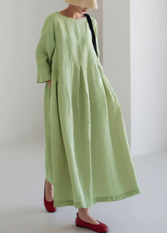 Green-cashew pattern Cotton Dresses Pockets Patchwork Spring