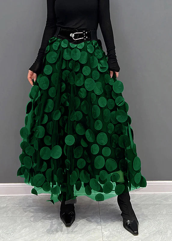 Elegant Dark Green Dot Patchwork Tulle Skirt Fall