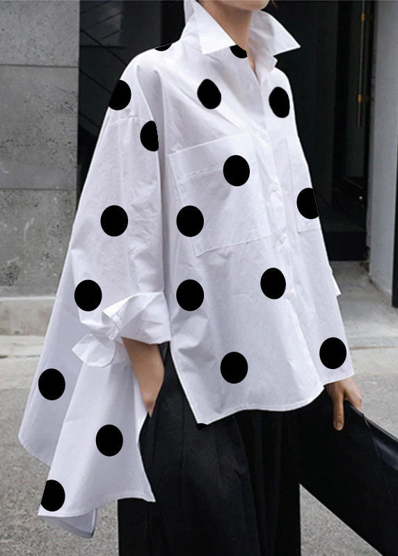 Natural Yellow Dot  Peter Pan Collar Low High Design Button Pockets Cotton Shirts Long Sleeve