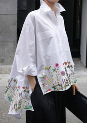 Natural White Dandelion Peter Pan Collar Low High Design Button Pockets Cotton Shirts Long Sleeve