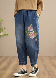 Handmade Spring Casual Pants Oversize Denim Blue-Rose Photography Elastic Waist Trousers