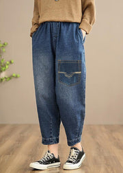 Handmade Spring Casual Pants Oversize Denim Blue-little flower Photography Elastic Waist Trousers