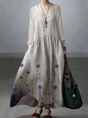 Ivory-dandelion Simple and Loose V-neck Cotton and Linen Dress