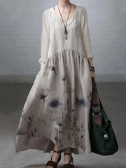 Ivory-dandelion Simple and Loose V-neck Cotton and Linen Dress