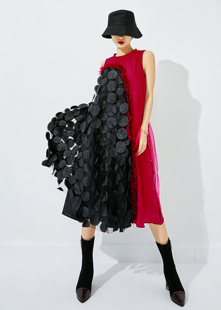 Bohemian Red-Black Dot Asymmetrical Patchwork Wrinkled Tulle Maxi Dress Sleeveless