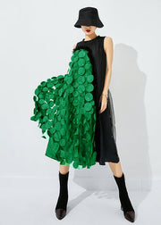 Bohemian Tea Green-Black Dot Asymmetrical Patchwork Wrinkled Tulle Maxi Dress Sleeveless