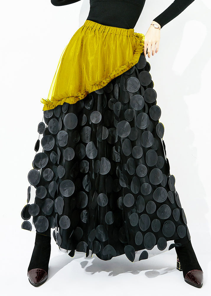 Original Design Black Elastic Waist Patchwork Wrinkled Tulle Skirt Summer