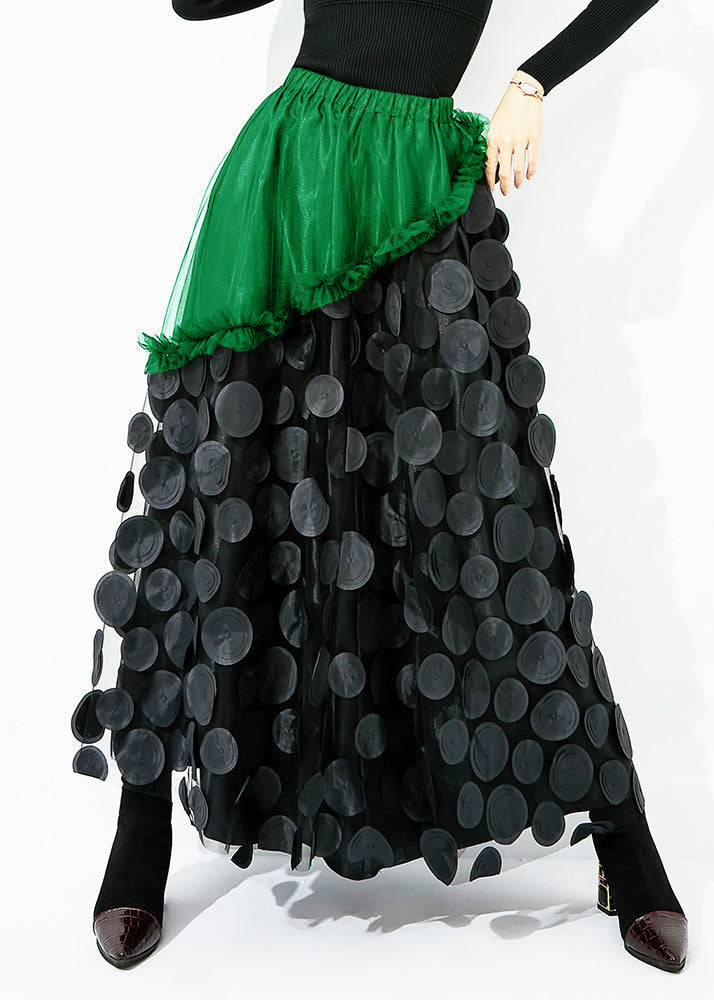 Original Design Black-Blue Dot Elastic Waist Patchwork Wrinkled Tulle Skirt Summer