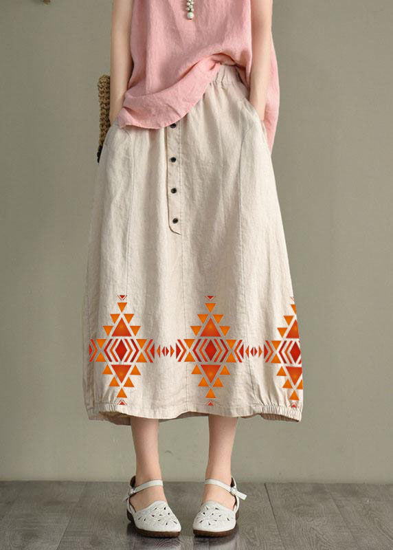 Women Beige-black dot Linen Elastic Waist Button Skirt