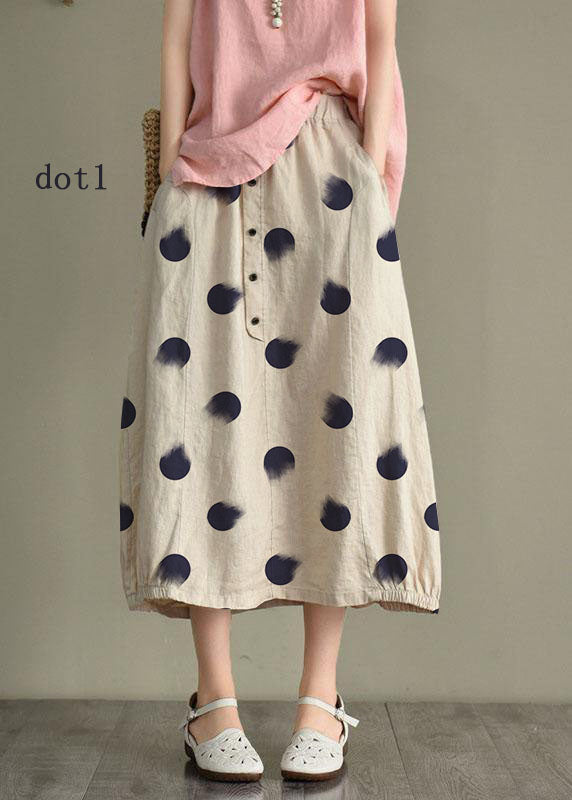 Women Beige-blue dot Linen Elastic Waist Button Skirt